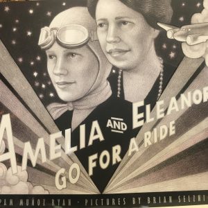 Amelia and Eleanor Go For a Ride Book Cover, pencil drawing of Amelia Earhart and Eleanor Roosevelt