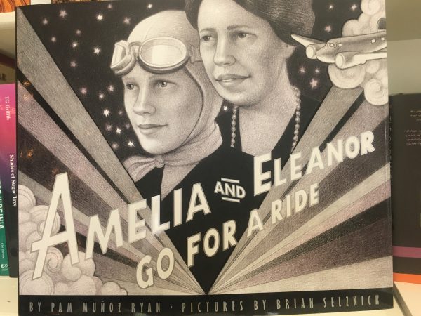 Amelia and Eleanor Go For a Ride Book Cover, pencil drawing of Amelia Earhart and Eleanor Roosevelt
