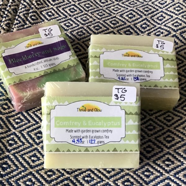 Bars of Thrive and Glow soap, Blackberry and Sage,Comfrey and Eucalyptus